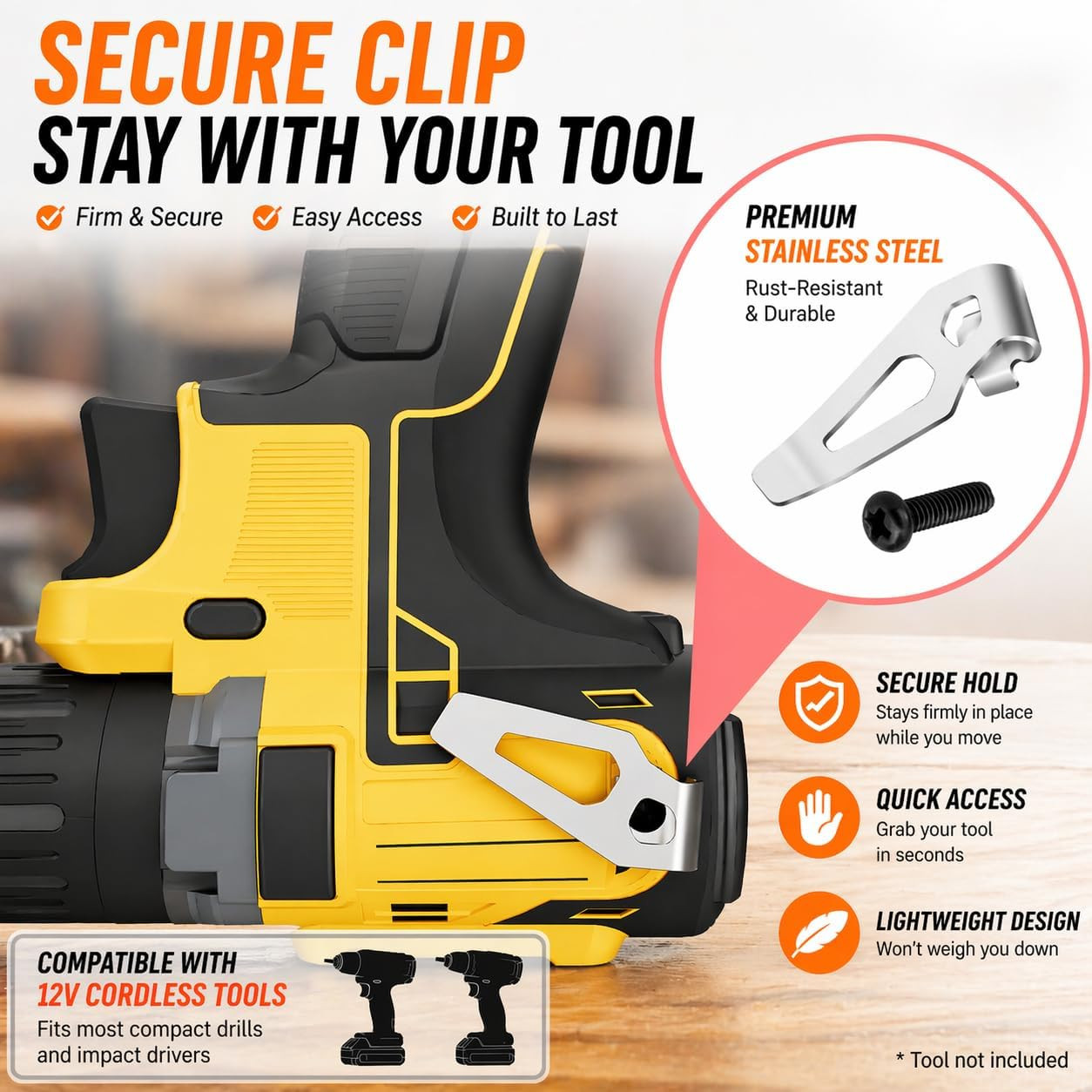 2-Pack Stainless Steel Belt Clip Hook Kit for 12V Cordless Tools, Compatible wit
