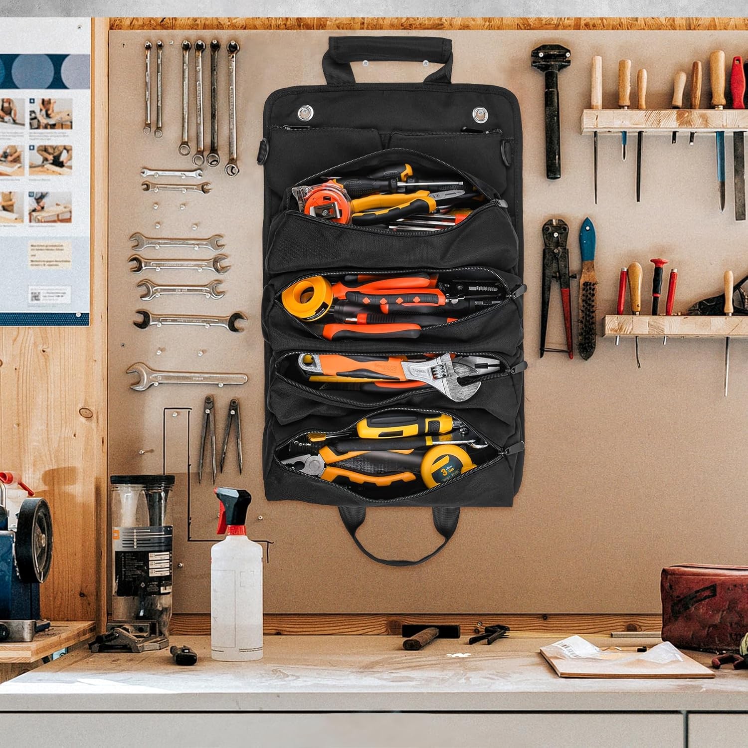 Roll Up Tool Bag Heavy Duty Tool Roll Up Bag 4 Pockets w/Detachable Tool Pouches