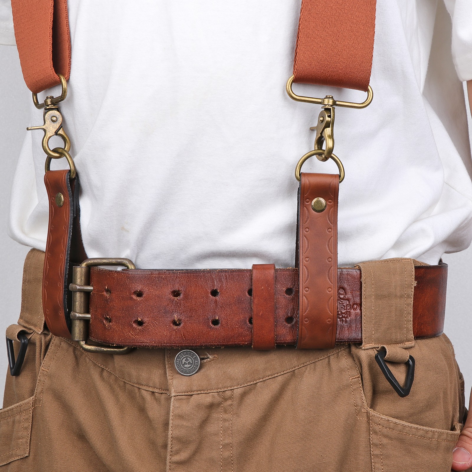 TOURBON Adjusted Tool Belt Suspenders- Leather Cross Patch-Padded Shoulder Strap
