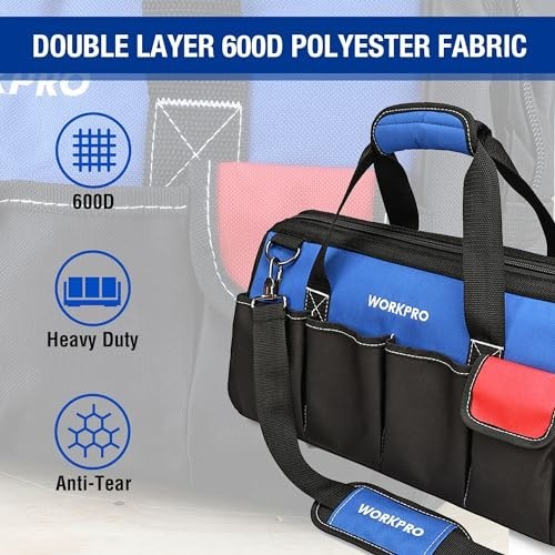 18″ Wide Mouth Tool Bag with Adjustable Shoulder Strap, Sturdy Bottom, Storage O