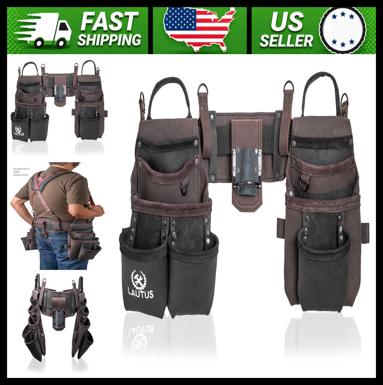 Heavy Duty Top Grain Leather Tool Belt 18 Pockets Hammer Holder Tape Clip