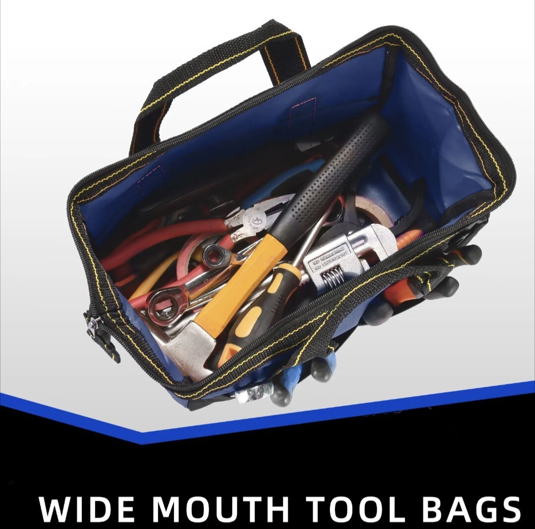 13in Water Resistant Tool Bag, Wide Mouth, Side Pockets.
