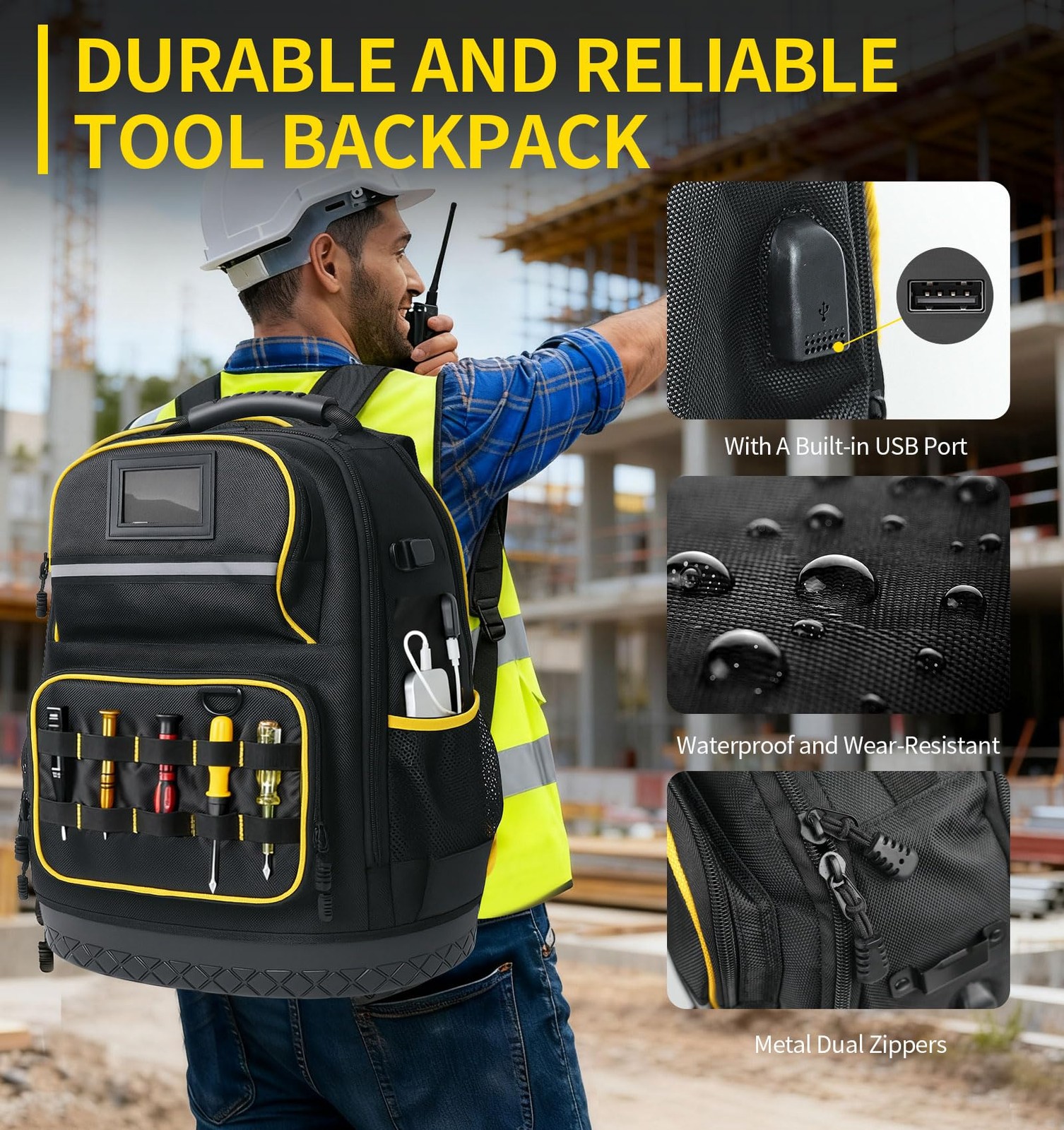 Tool Backpack, Heavy-Duty Organizer Bag for Men Large, Black & Orange