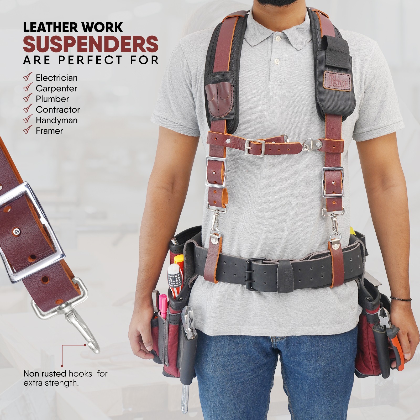Trutuch Maroon Leather Tool Belt with Suspender | 18 Pockets | Framers Tool Belt