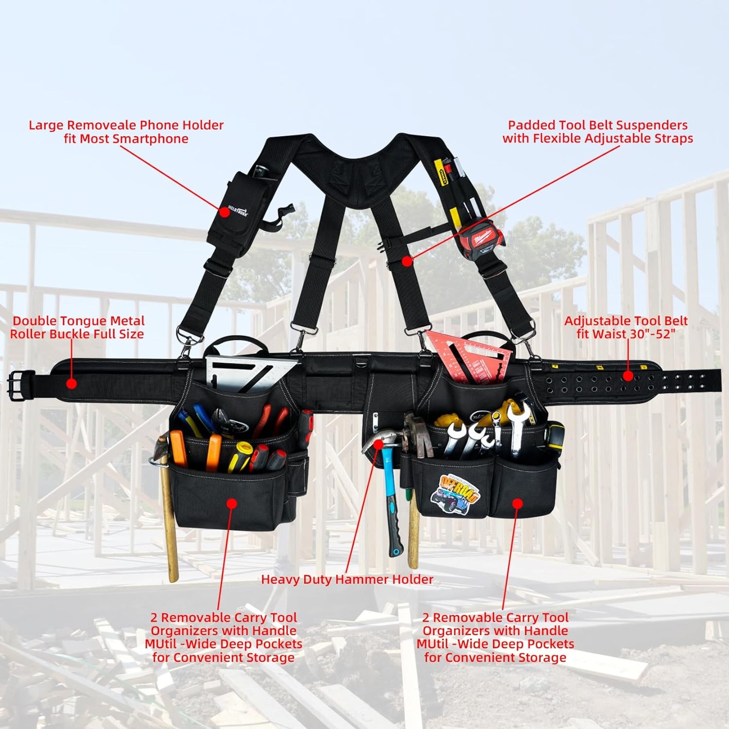 MELOTOUGH Tool Belt with Suspenders Framer Combo System, Black