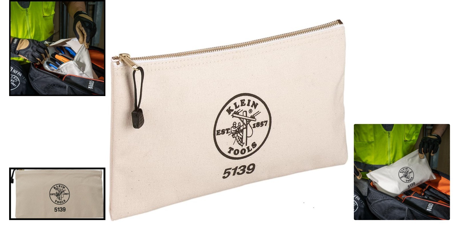 Klein 5139 Heavy-Duty Canvas Tool Pouch with Brass Zipper – 12.5″ Size