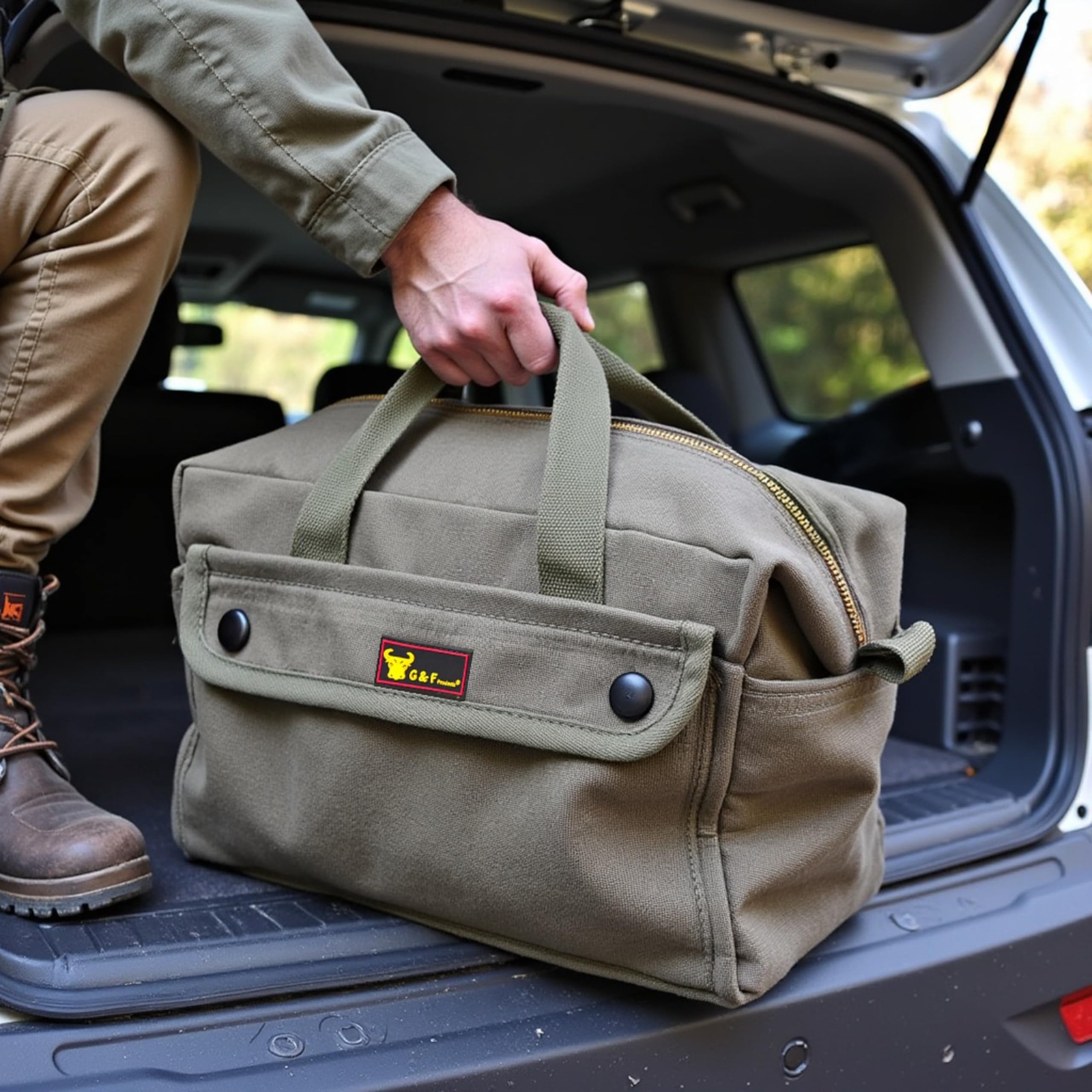 Olive Green Heavy Duty Tool Bag with Brass Zipper for Mechanics and Electricians