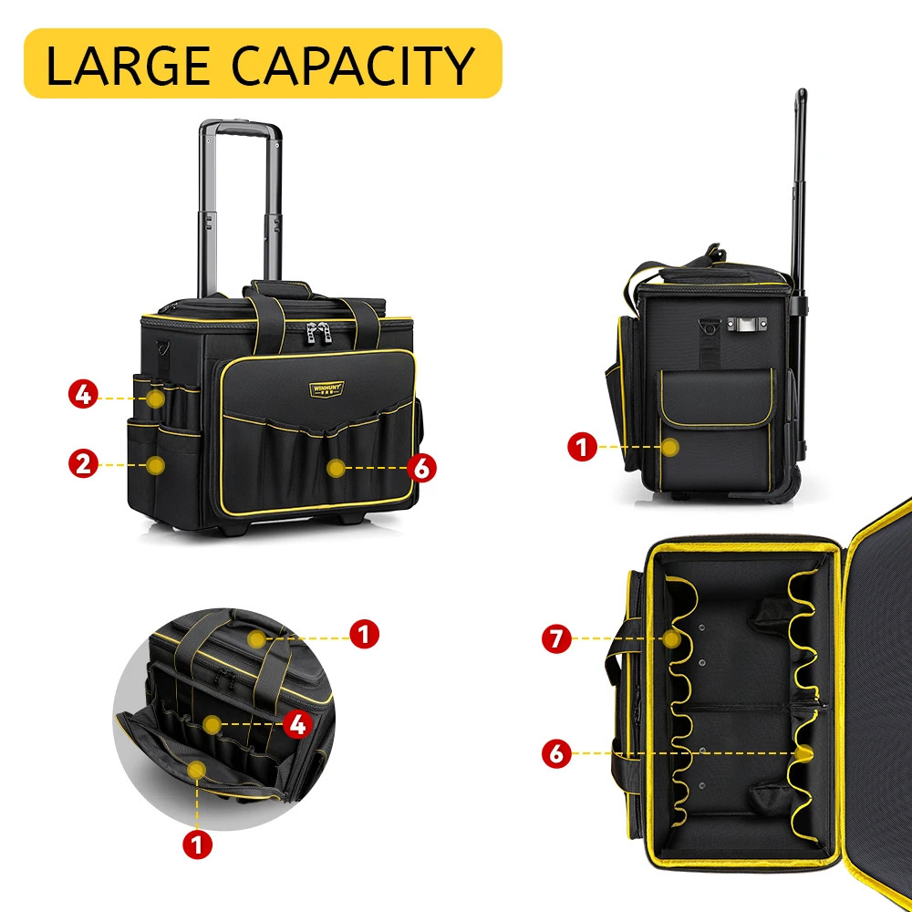 18” Rolling Tool Bag with Wheels Telescopic Handle 32 Pockets Heavy Duty