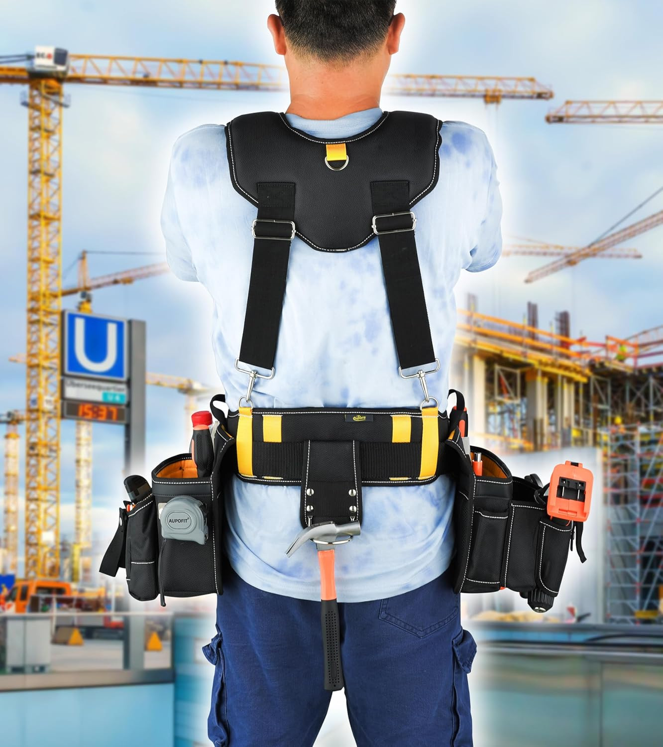 Comfortable Tough Thick 7-Piece Tool Belt with Suspenders 32 Pockets and Loops,1
