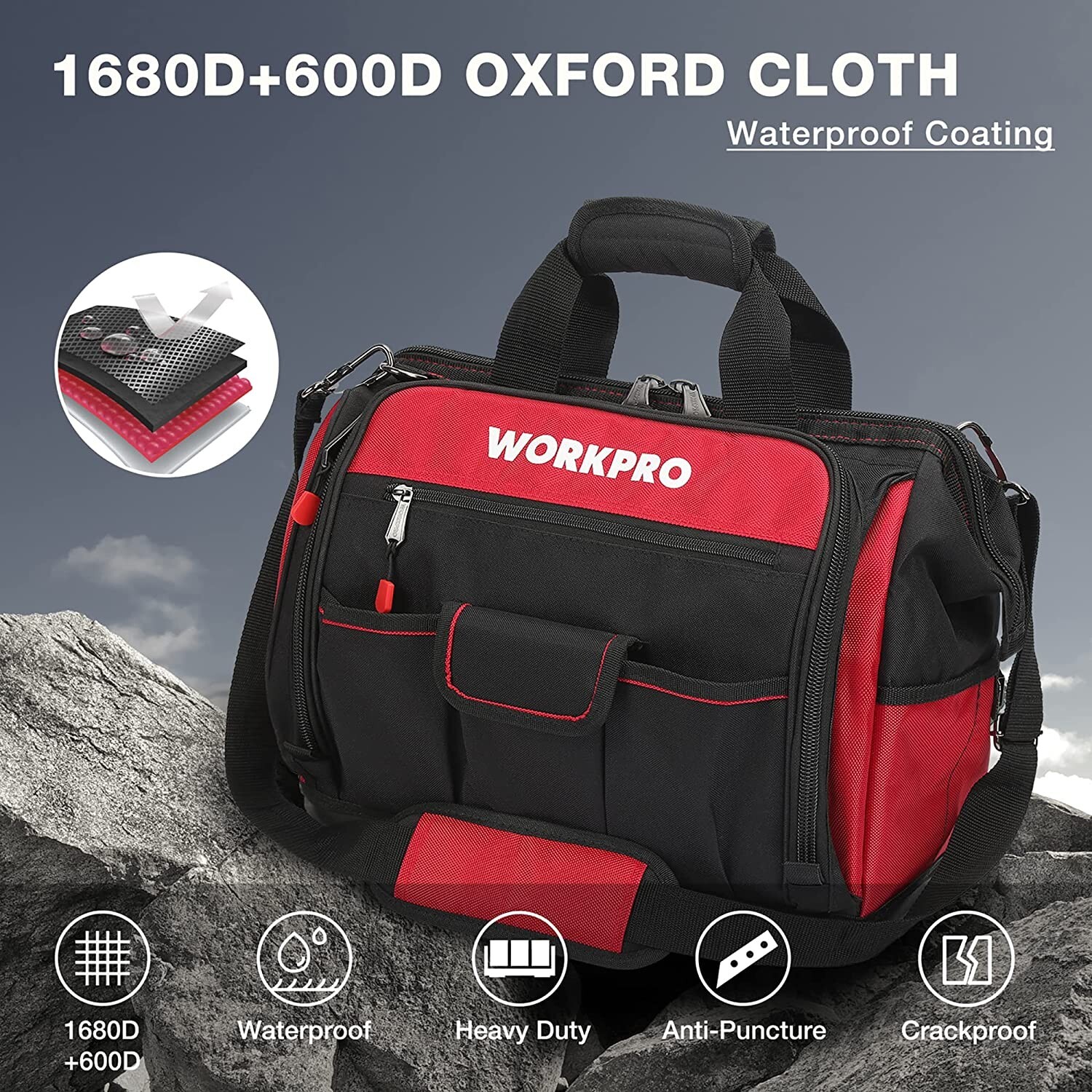WORKPRO 16″ Top Wide Mouth Tool Bag with Water Proof Rubber Base 46 Pockets New
