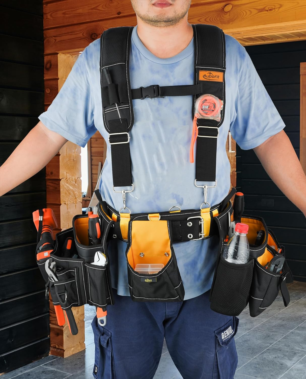 Comfortable Tough Thick 7-Piece Tool Belt with Suspenders 32 Pockets and Loops,1