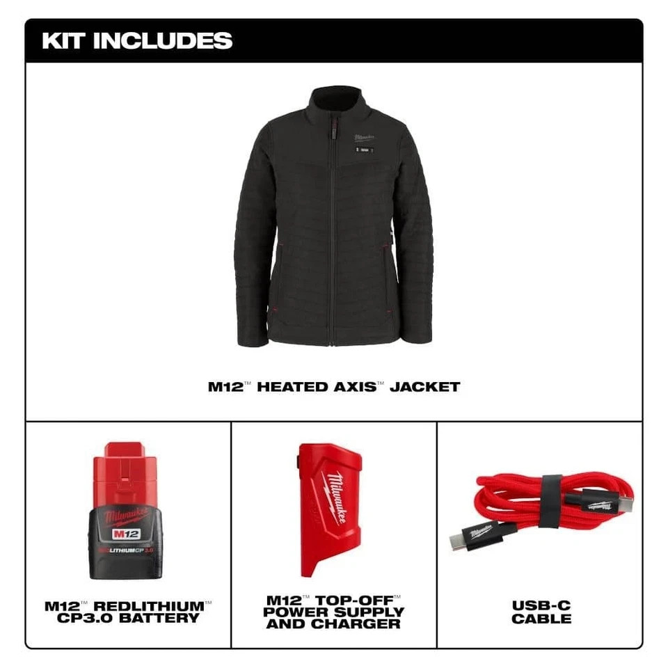 NEW MILWAUKEE WOMEN’S LARGE M12 12-Volt AXIS BLACK HEATED QUILTED JACKET KIT