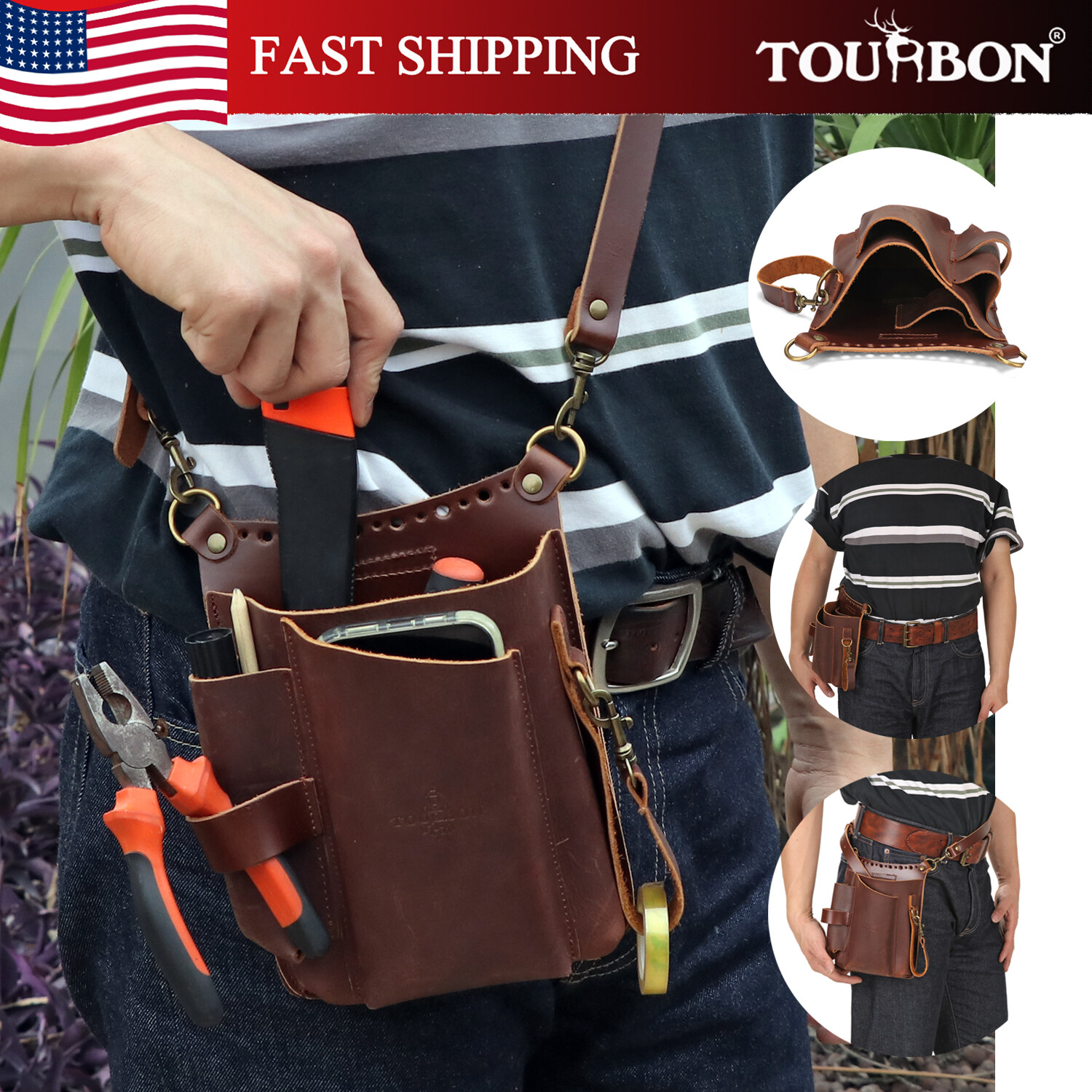 TOURBON 6-in-1 Leather Garden Tools Storage Belt Pouch Utility Shoulder Bag Gift