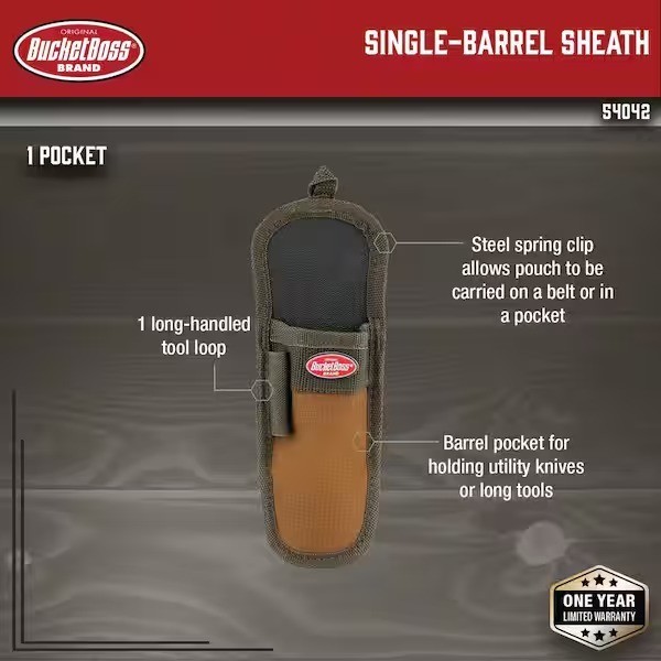 BUCKET BOSS 3.75in 1-Pocket Single Barrel Holder Tool Belt Sheath Holster, Brown
