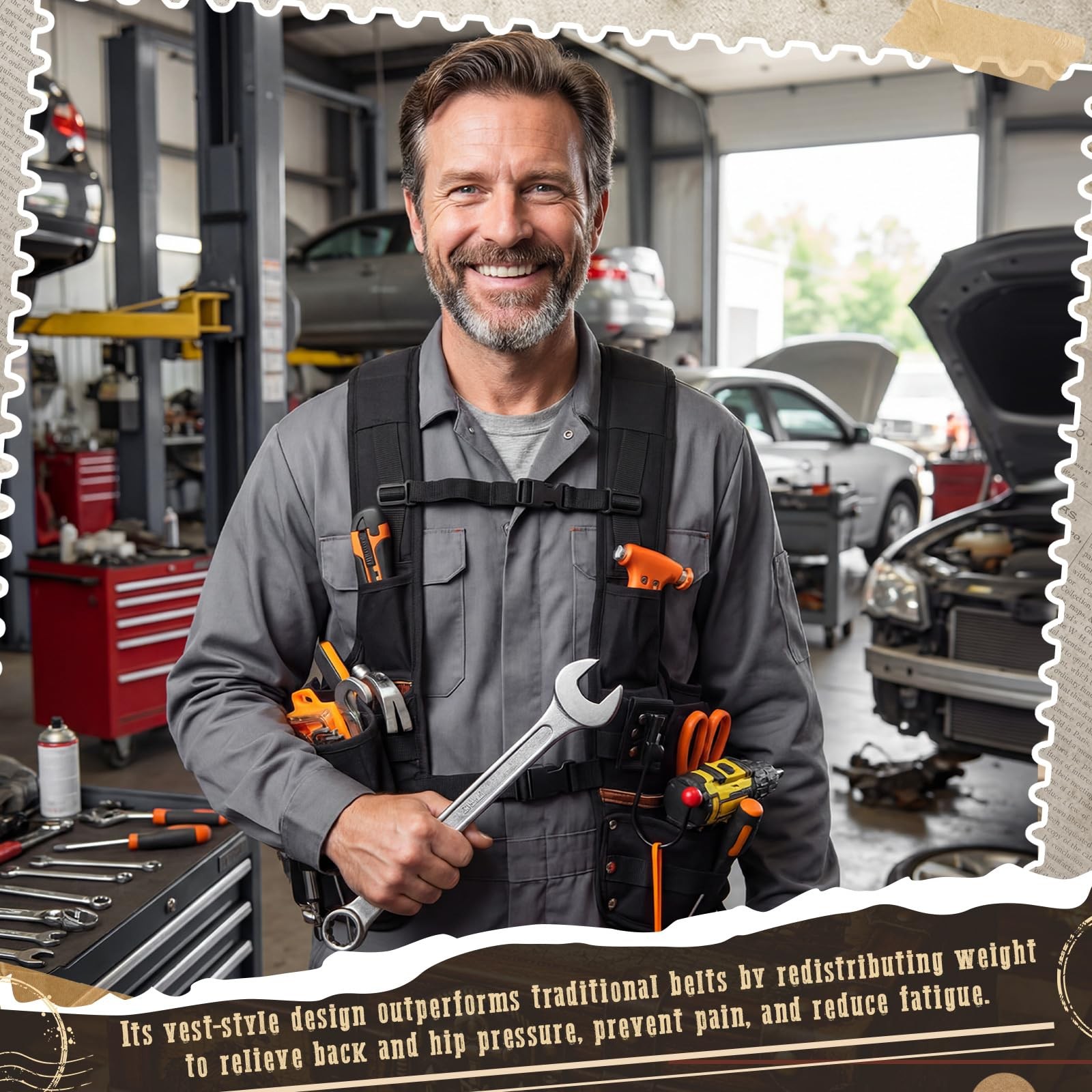 1 Pack Tool Vest with Leather, 33 Pockets with Removable Nail Pouch and Drill.