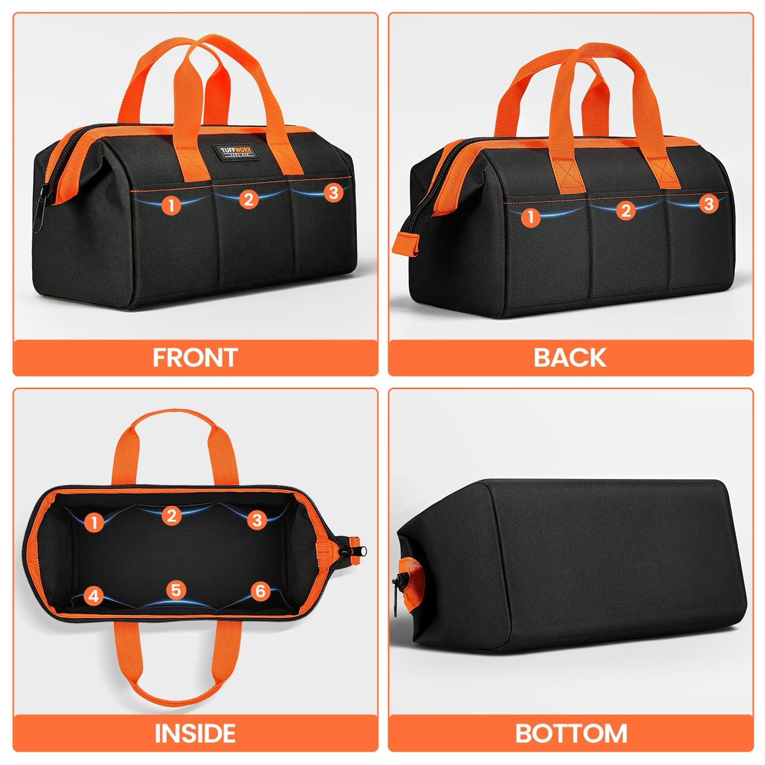 14 inch Tool Bag, Black, Orange, 600D Polyester, Heavy Duty Storage Organizer
