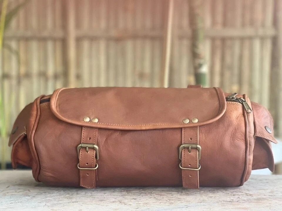Goat Leather Motorcycle Tool Bag – Vintage Strap Brown Genuine