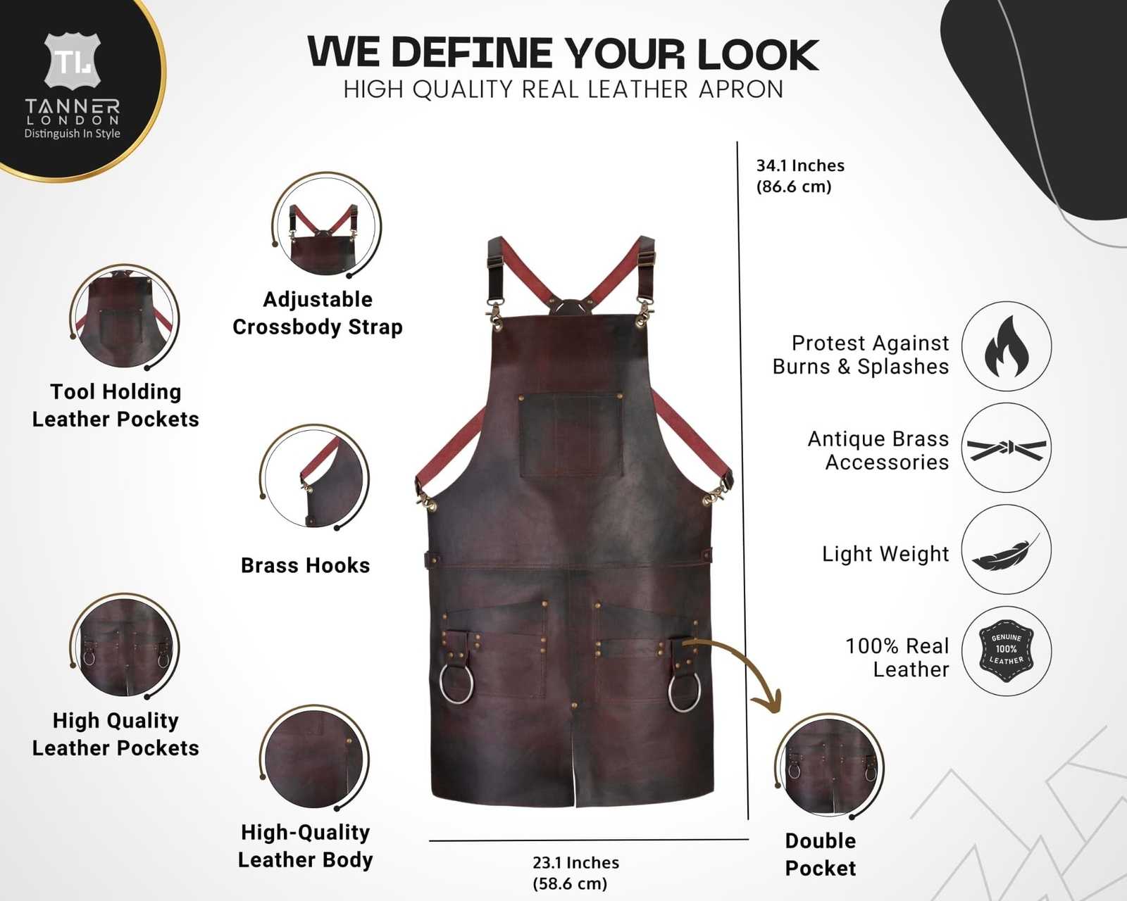 Split Leg Leather Apron, 2 Pockets, Tool Holder, Brown/Green/Black, Unisex