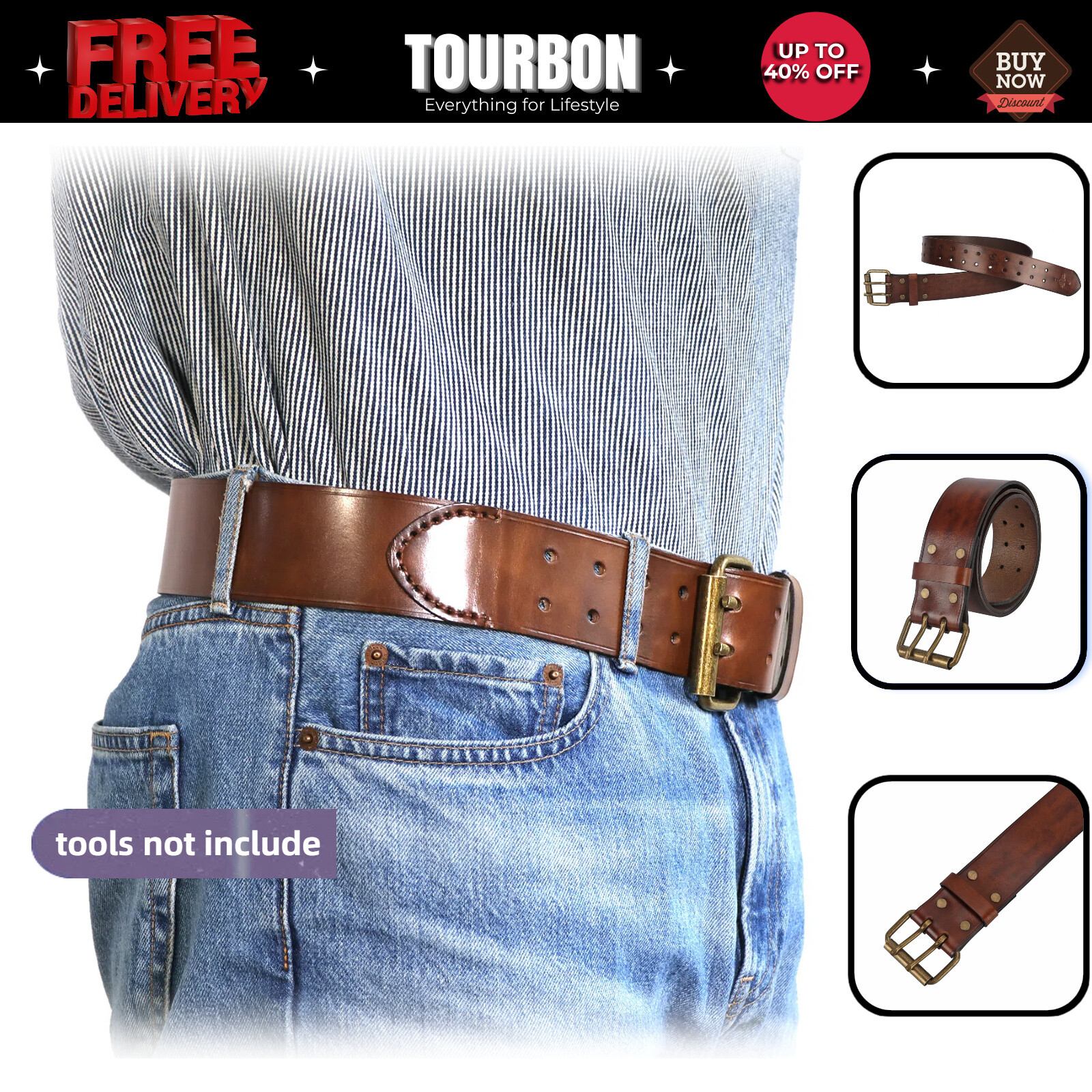TOURBON Leather Tool Carrying Work Belt 2in Wide Rig Belt Double Roller Buckle