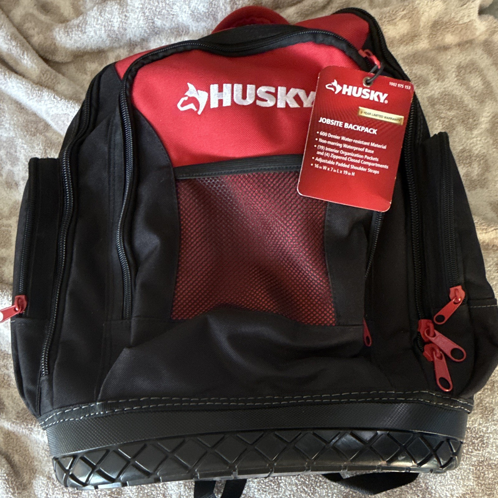 Husky Tool Backpack 19in Black/Red 600D Water Resistant Padded Straps HDG