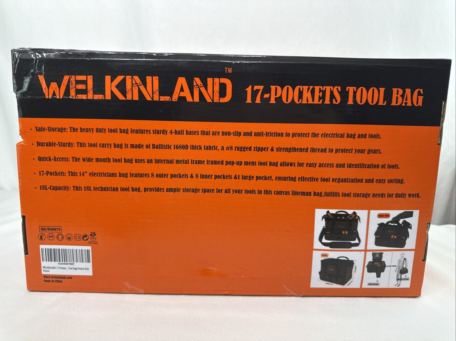 WELKINLAND 17-Pockets Brown 14” Tool Bag, With Shoulder Straps, New In Box