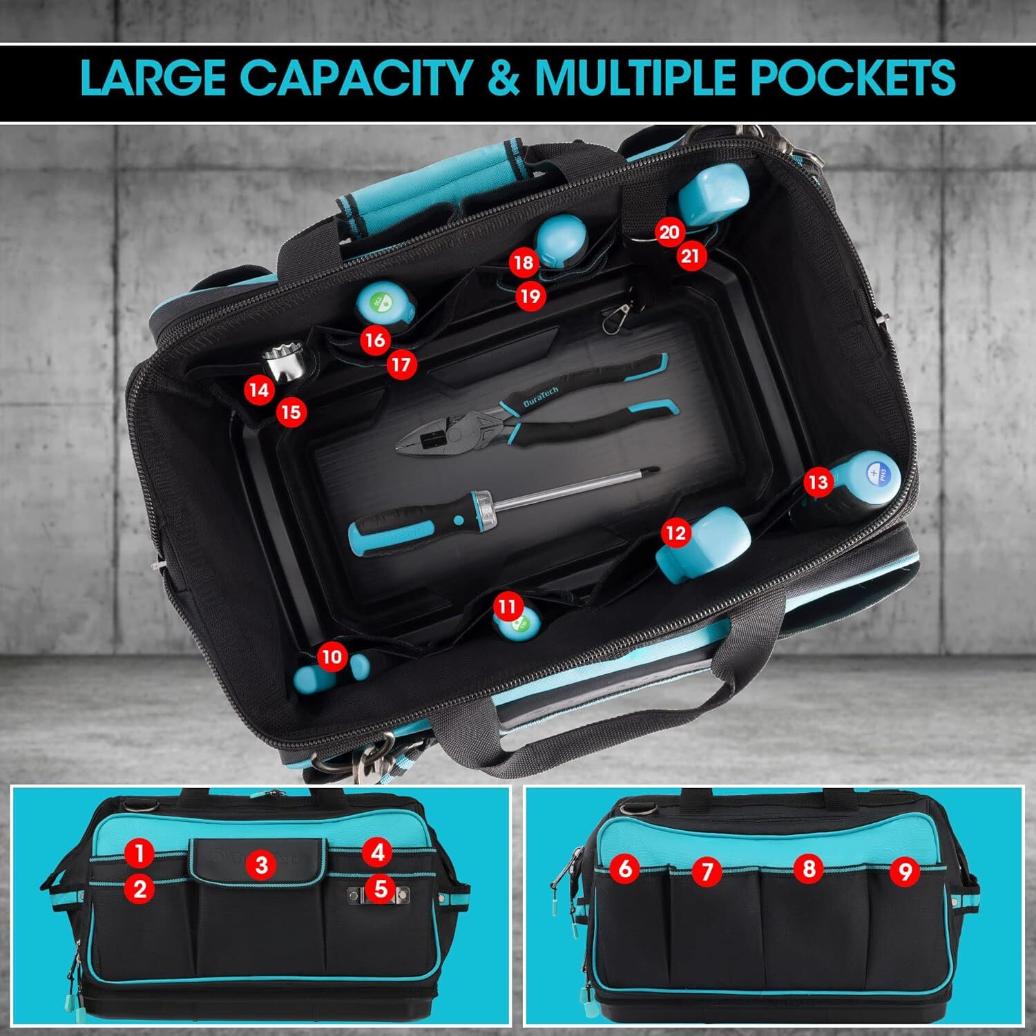 DURATECH 17’ Wide Mouth Tool Bag, Storage 32 Bag Tool Bag Organiser Oxford Cloth