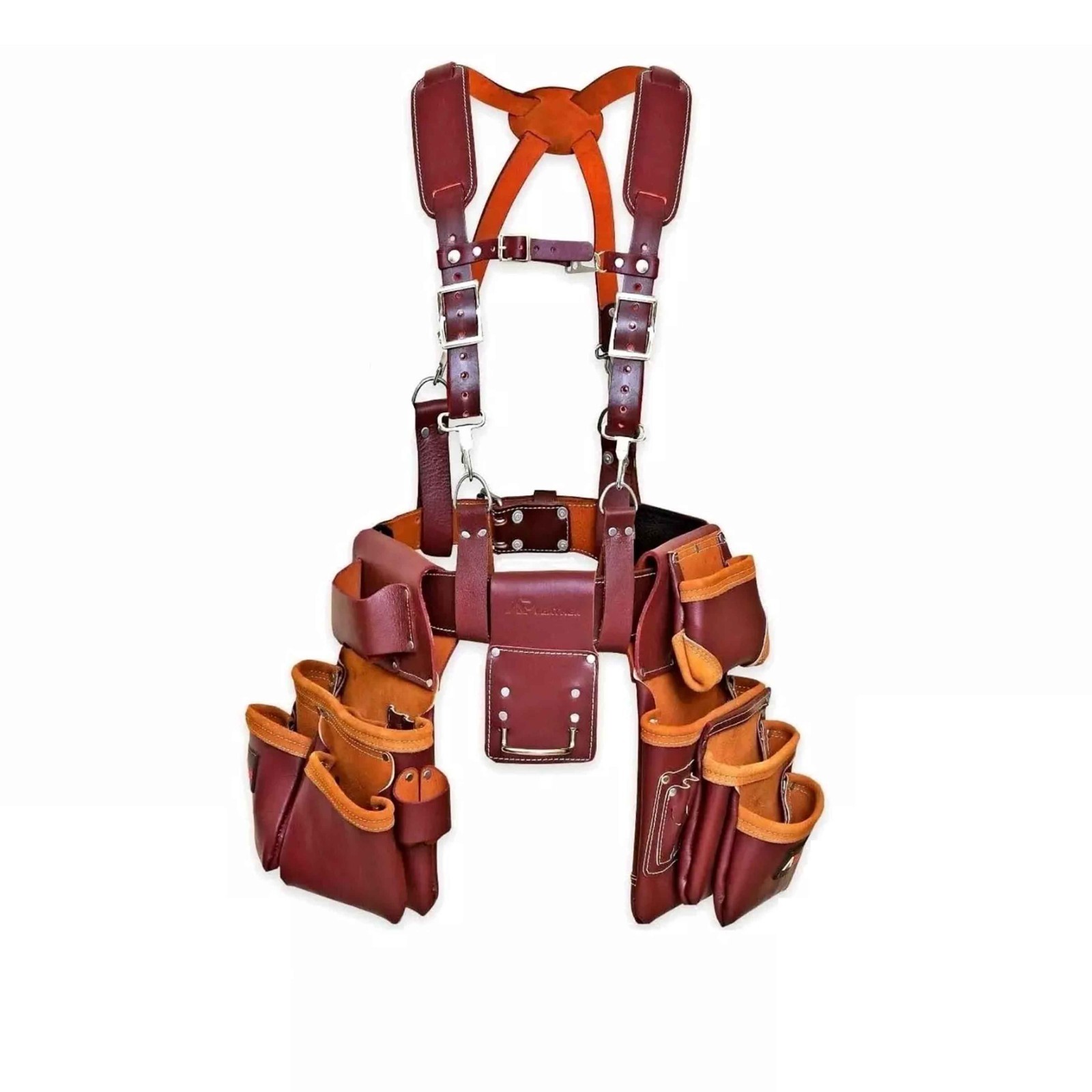 19-Pocket Leather Tool Belt Pouch Suspenders with Comfort Back for Electricians