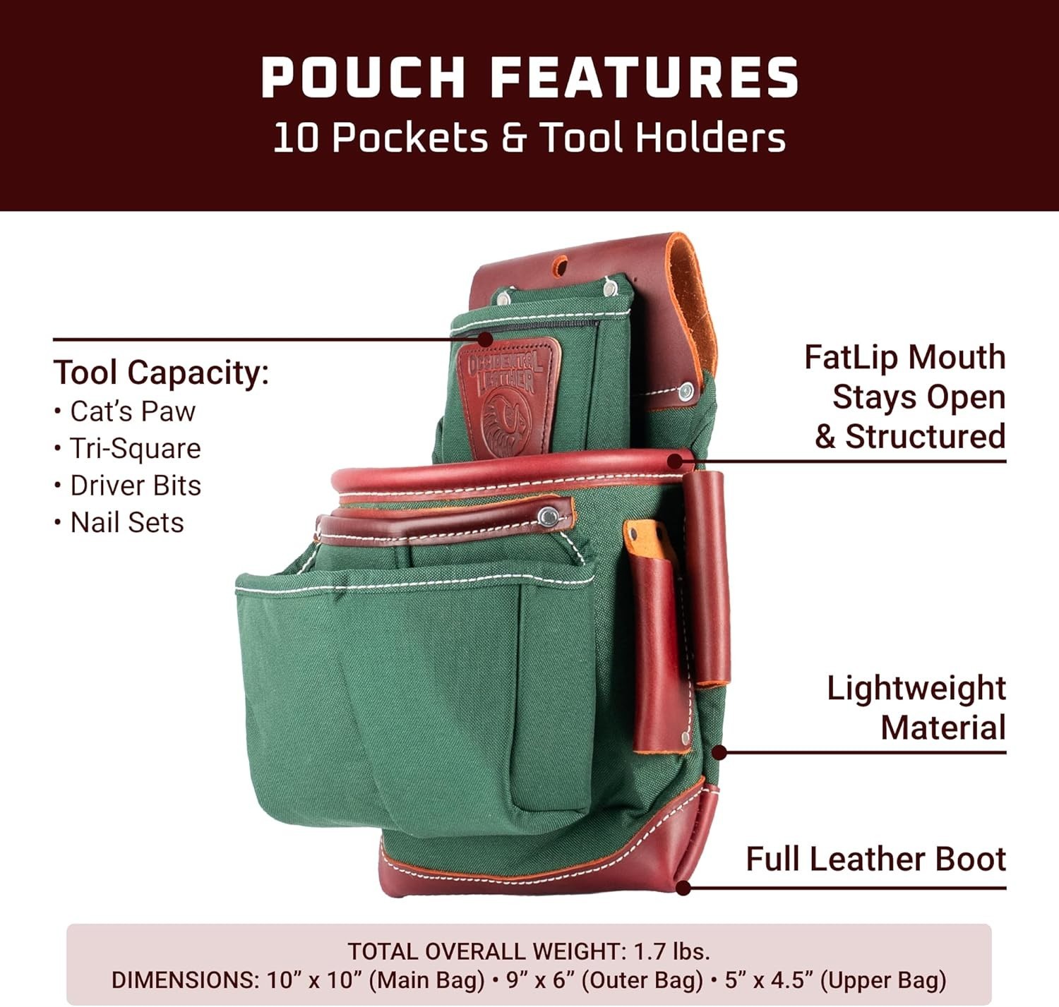 Heritage Fastener Bag with Integrated Holster – 1.7 lbs, 10 Pocket Tool Storage