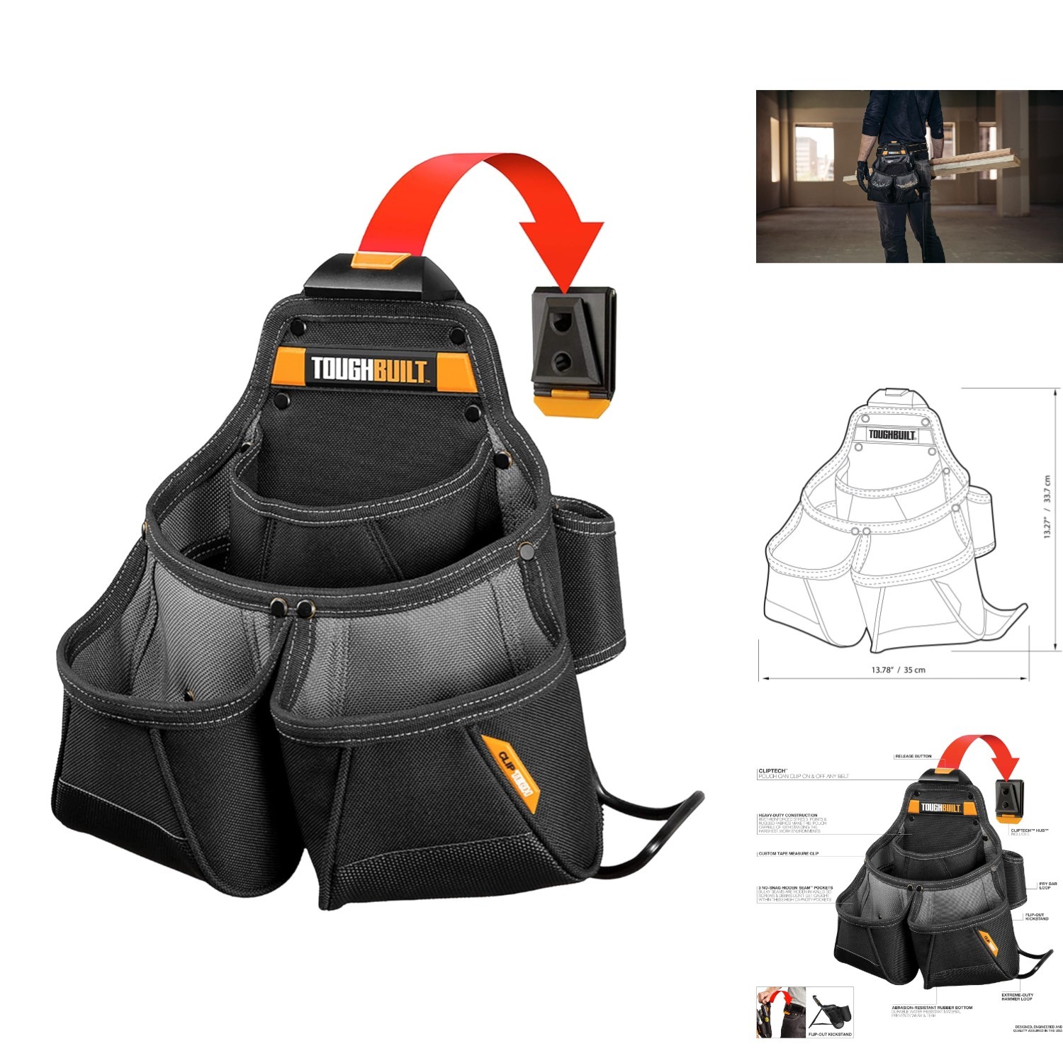 ClipTech Framer Pouch Heavy-Duty Tool Organizer 10 Pockets Reinforced Kickstand