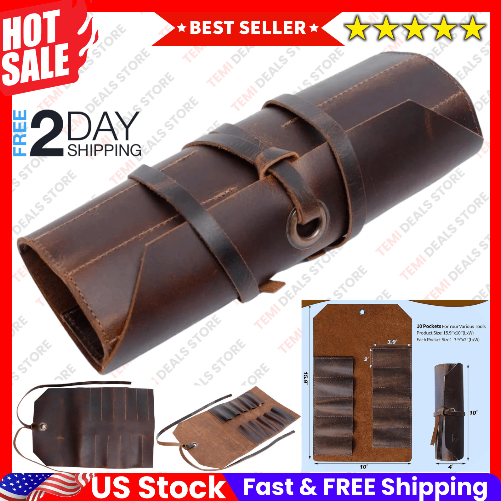 Leather Tool Roll Up Pouch 10 Slots Leather Tool Wrench Roll/Chisel Bag Portable