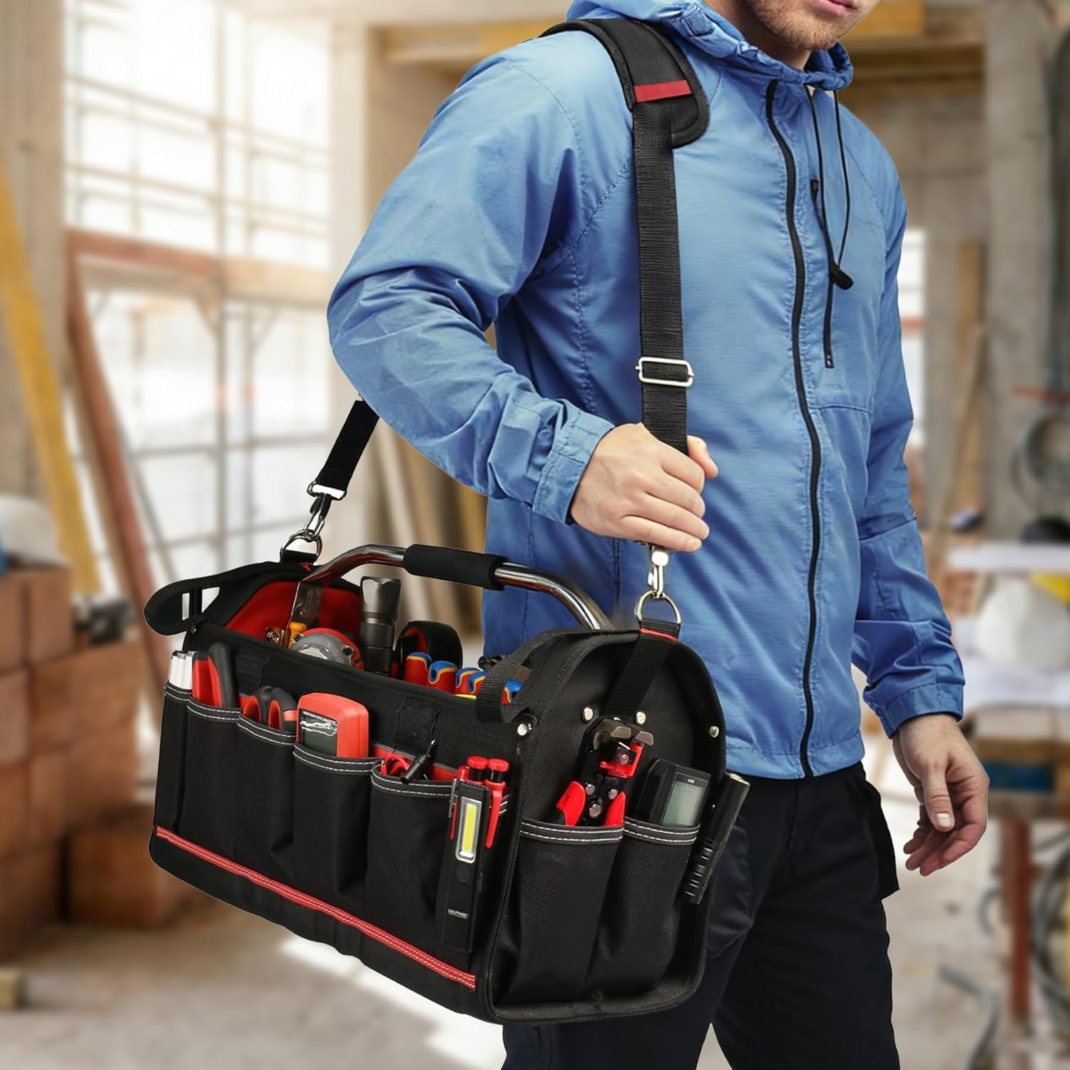 20″ Heavy-Duty Tool Tote Bag with Waterproof Clear Cover, Open Top Large Tool Ba