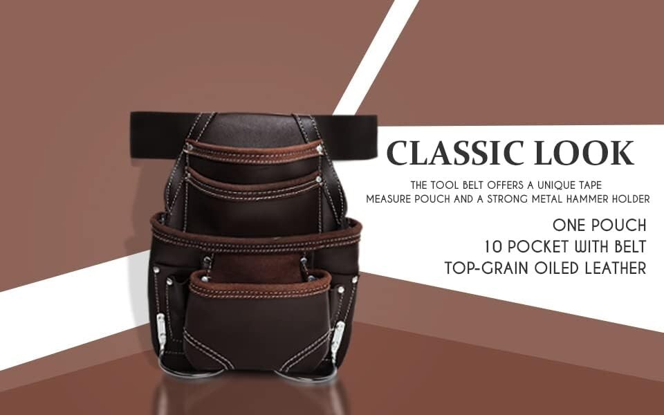 Tool PouchLeather Bag with 2″ Work Belt 10 Pockets 2 Hammer Holder for Handyman