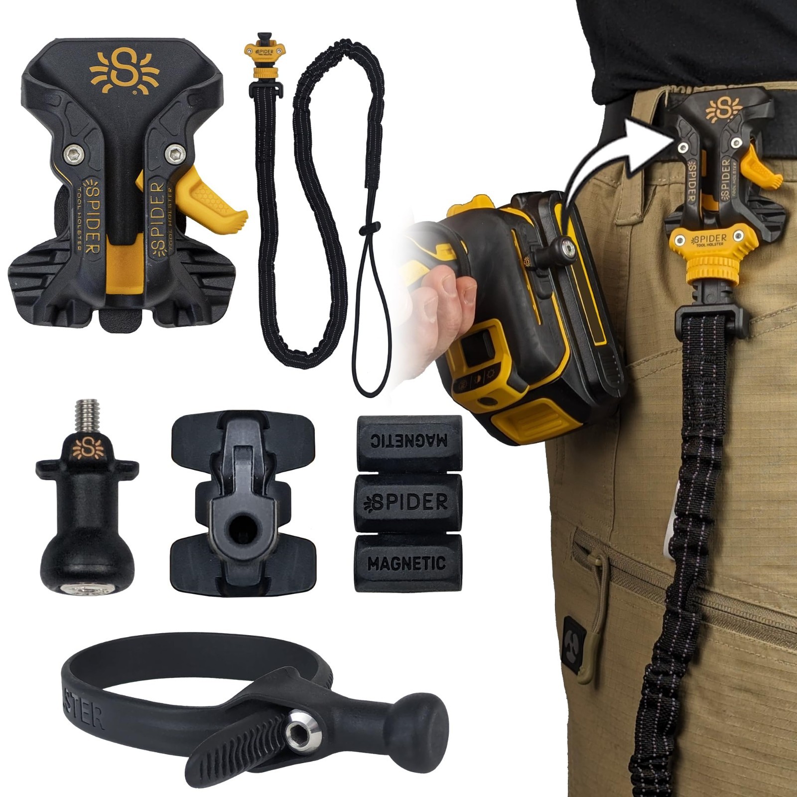 Tool Holster with Fall Prevention Tether, Pro Grip, Drill Pin & Adhesive Tab – U