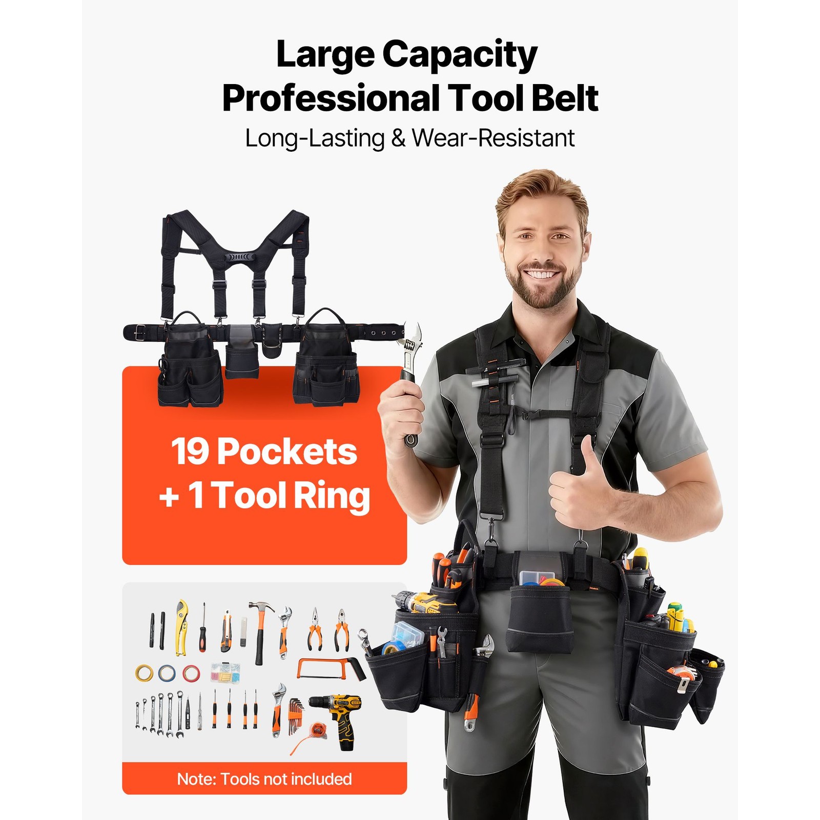 Professional Tool Belt — 19 Pockets, Suspenders, 31-51in Waist