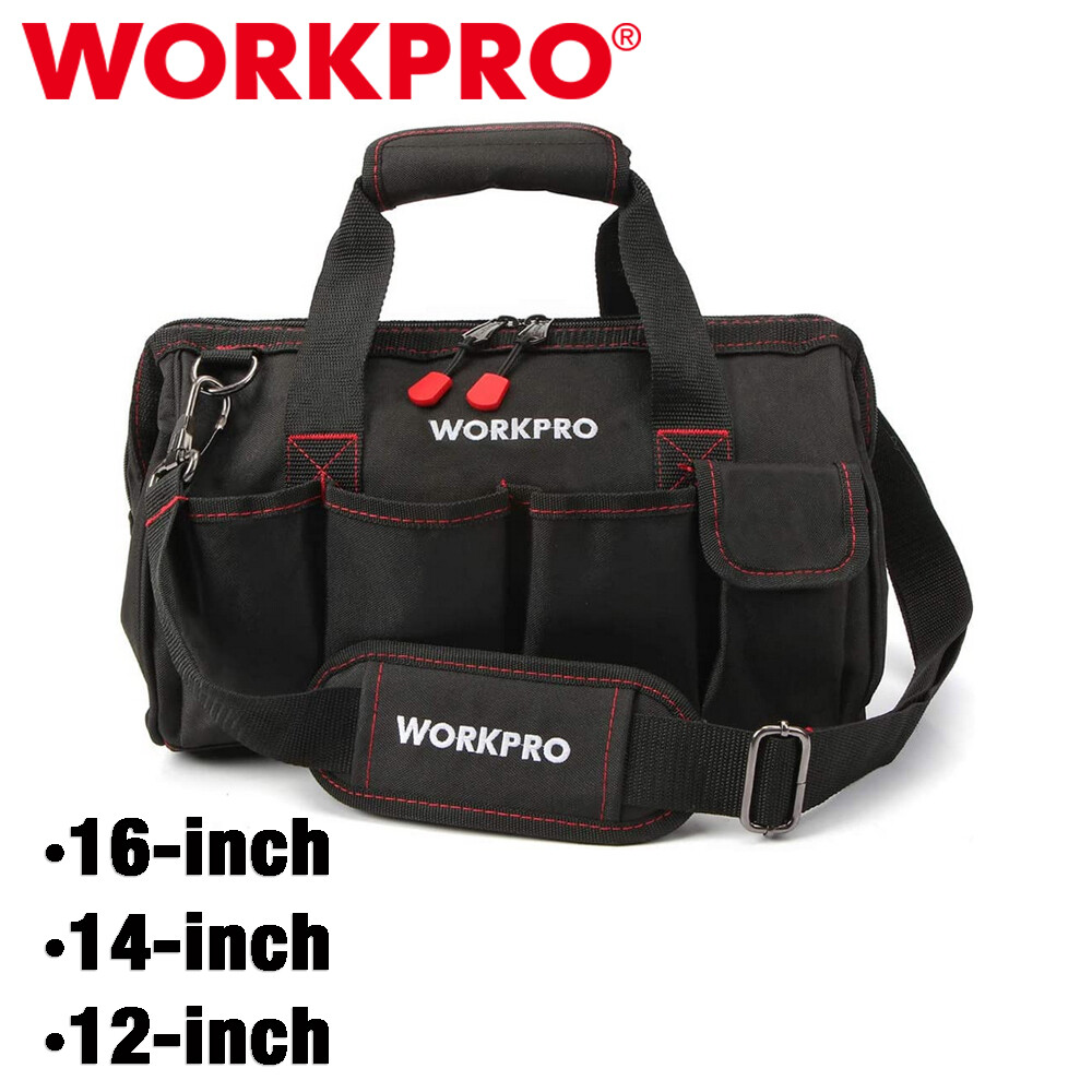 WORKPRO 16″/14″/12″ Close Top Wide Mouth Tool Storage Bag Rubber Base Pocket Bag