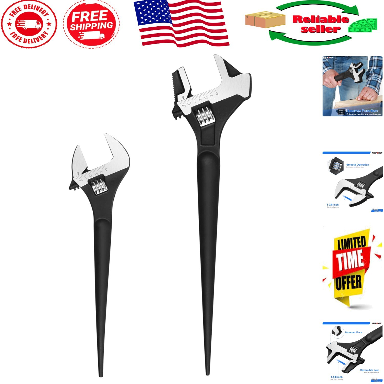 Professional 12″ and 16″ Spud Wrench Duo with Reversible Jaw & Roll Up Bag