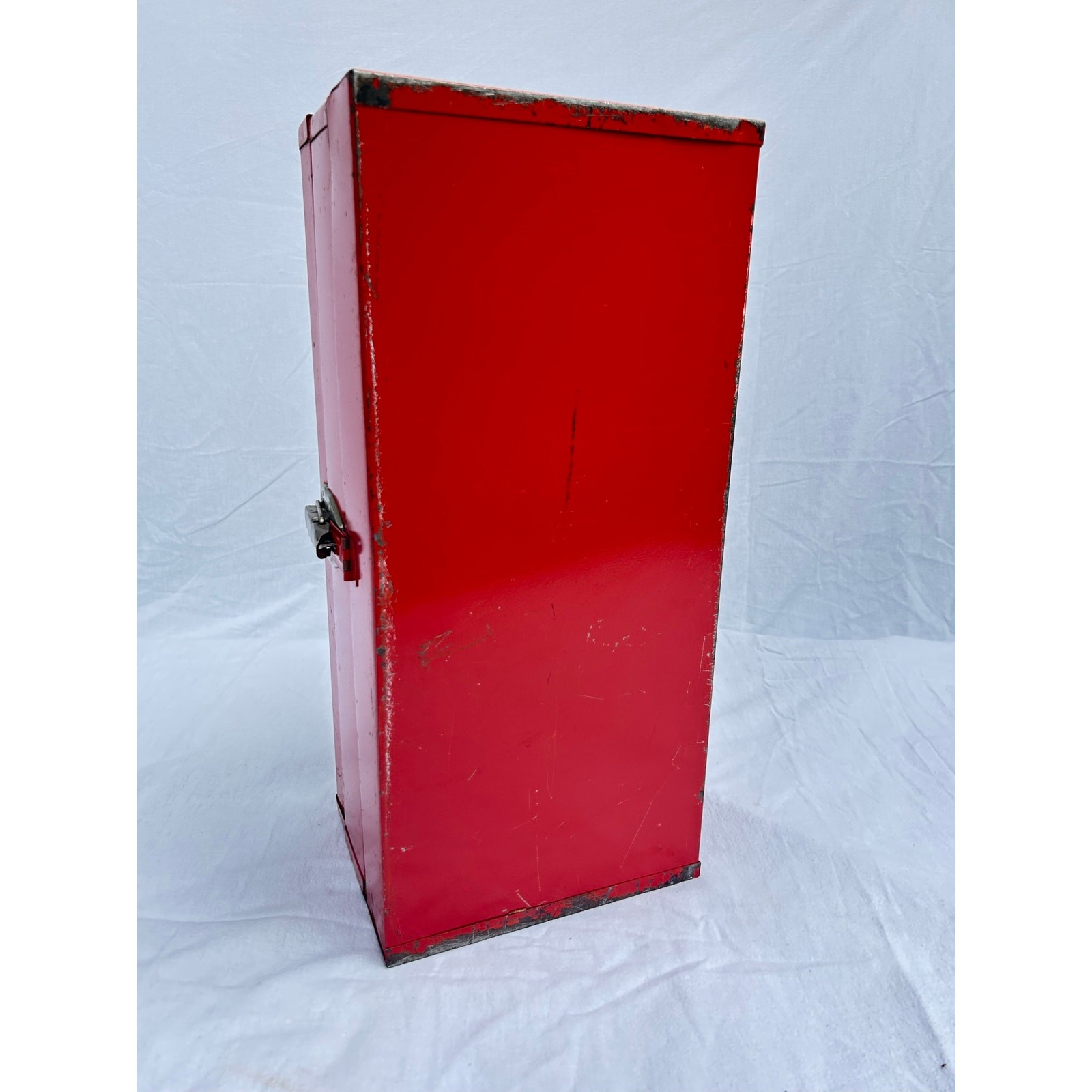Vintage metal cherry red toolbox with pull out drawer