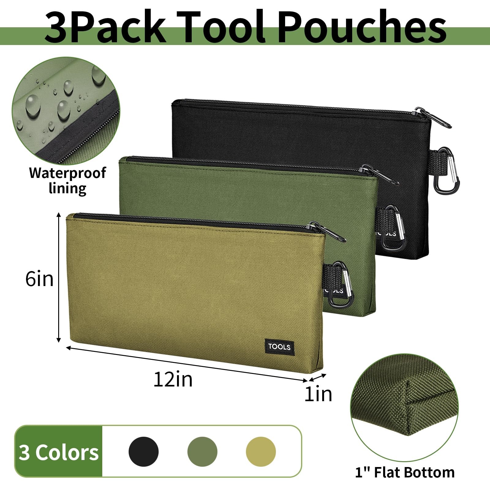3 Pack Premium Tool Pouches Zipper Bag, Small Tools Bags with Carabiner NEW