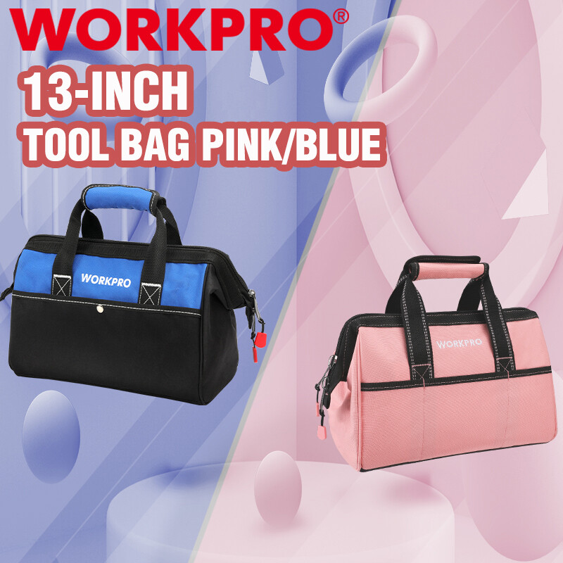 WORKPRO 13-Inch Tool Bag Tool Storage Bag Wide Mouth Tool Tote Bag Blue/Pink NEW