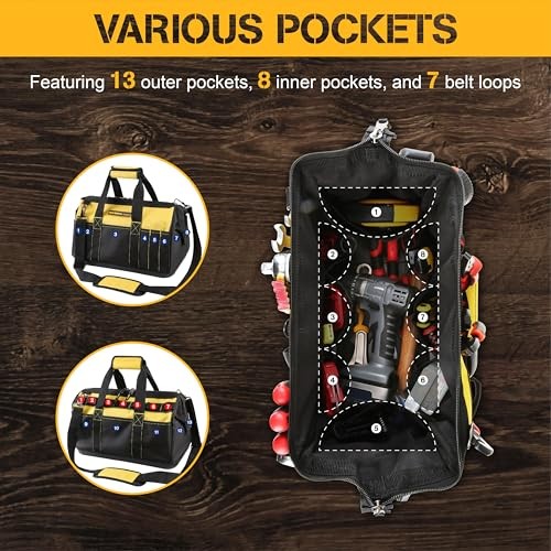 16 Inch Wide Mouth Tool Bag, Tool Tote with Water Proof Molded 16-Inch 16-Inch
