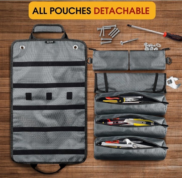 Heavy Duty Tool Roll Up Bag 6-in-1 Detachable Tool Organizer w/ Pouches – Grey