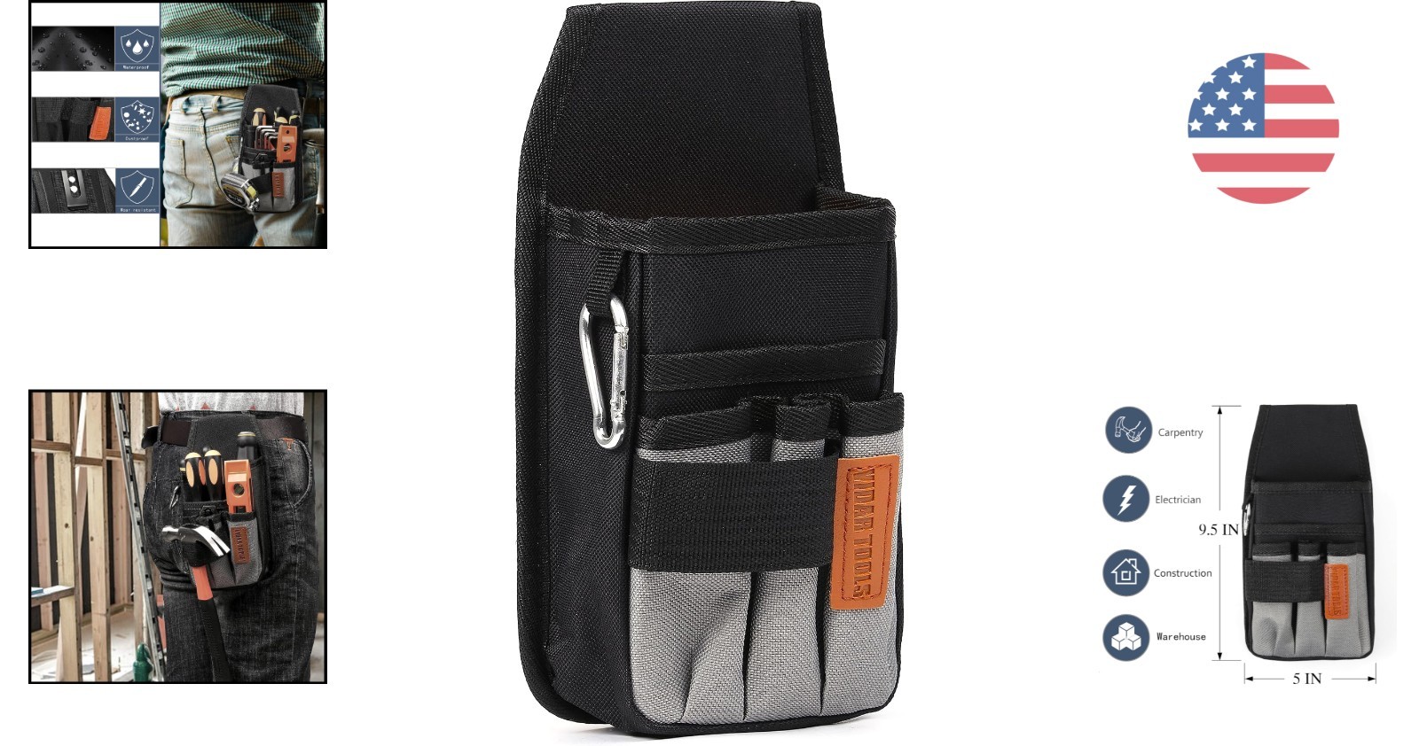 Nylon Electrician Tool Pouch with 5 Pockets and Metal Clip – Durable & Stylish