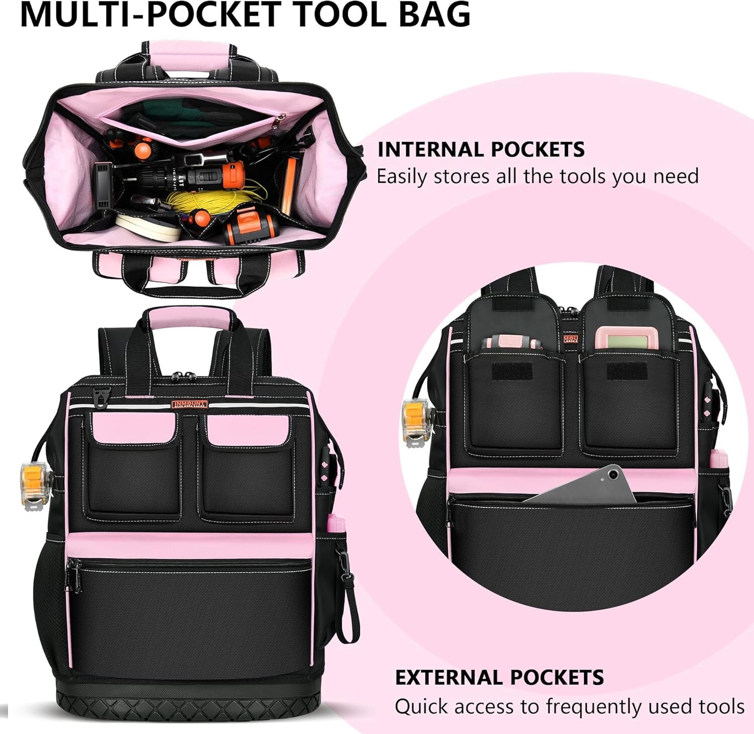 LOKASS Pink Tool Bag for Women, Wide-open Tool Backpack with Double-opening M…