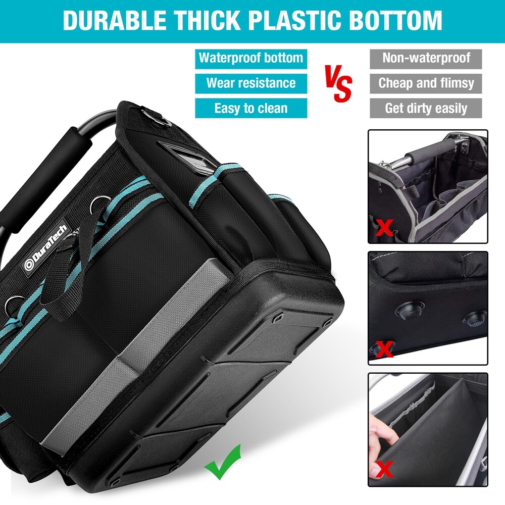 DURATECH 12 Inch Tool Tote with Waterproof Hard Bottom Electrician Tool Bag New