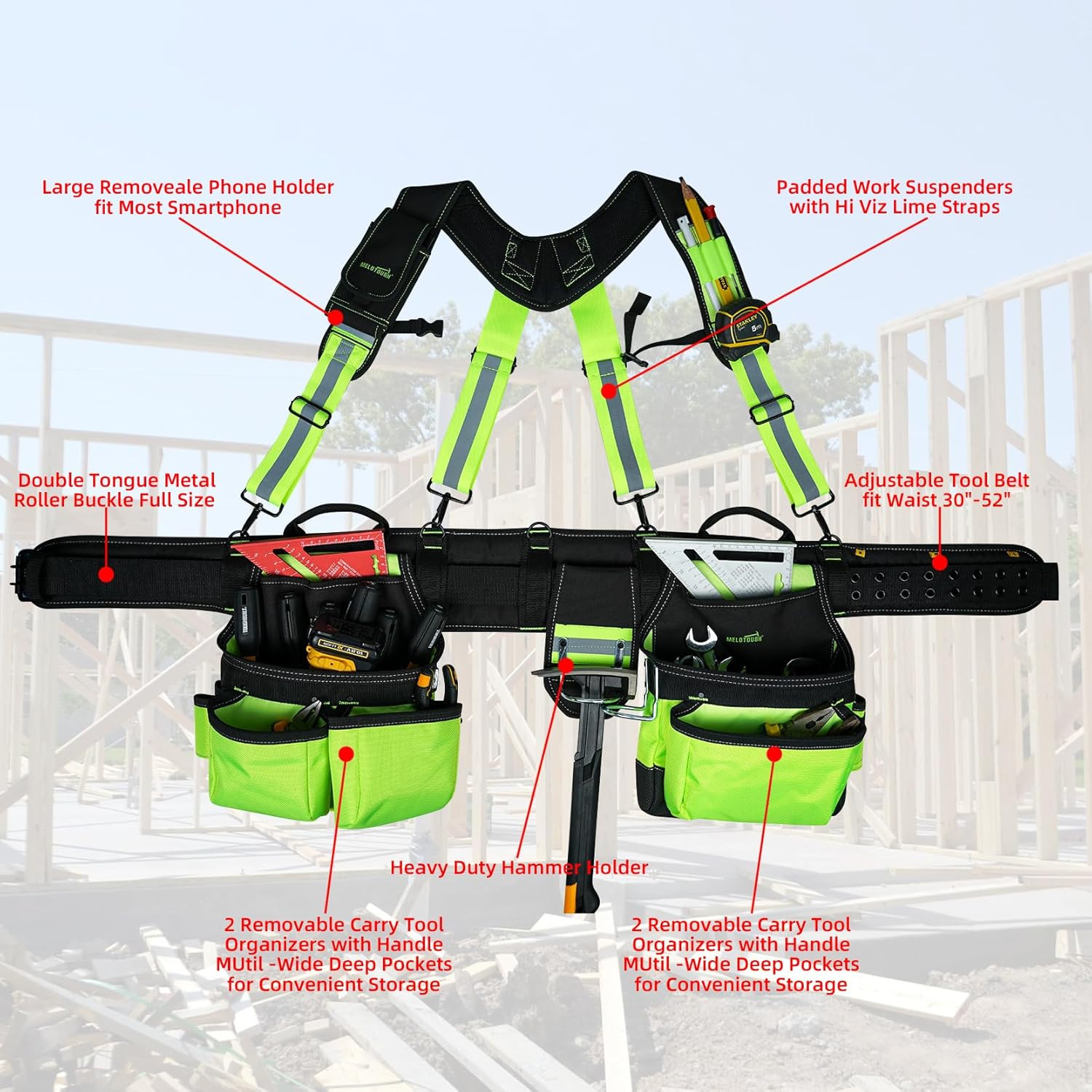 Reflective Safety Tool Belt with Suspenders Tool Bag Supenders Framers Comb Apro