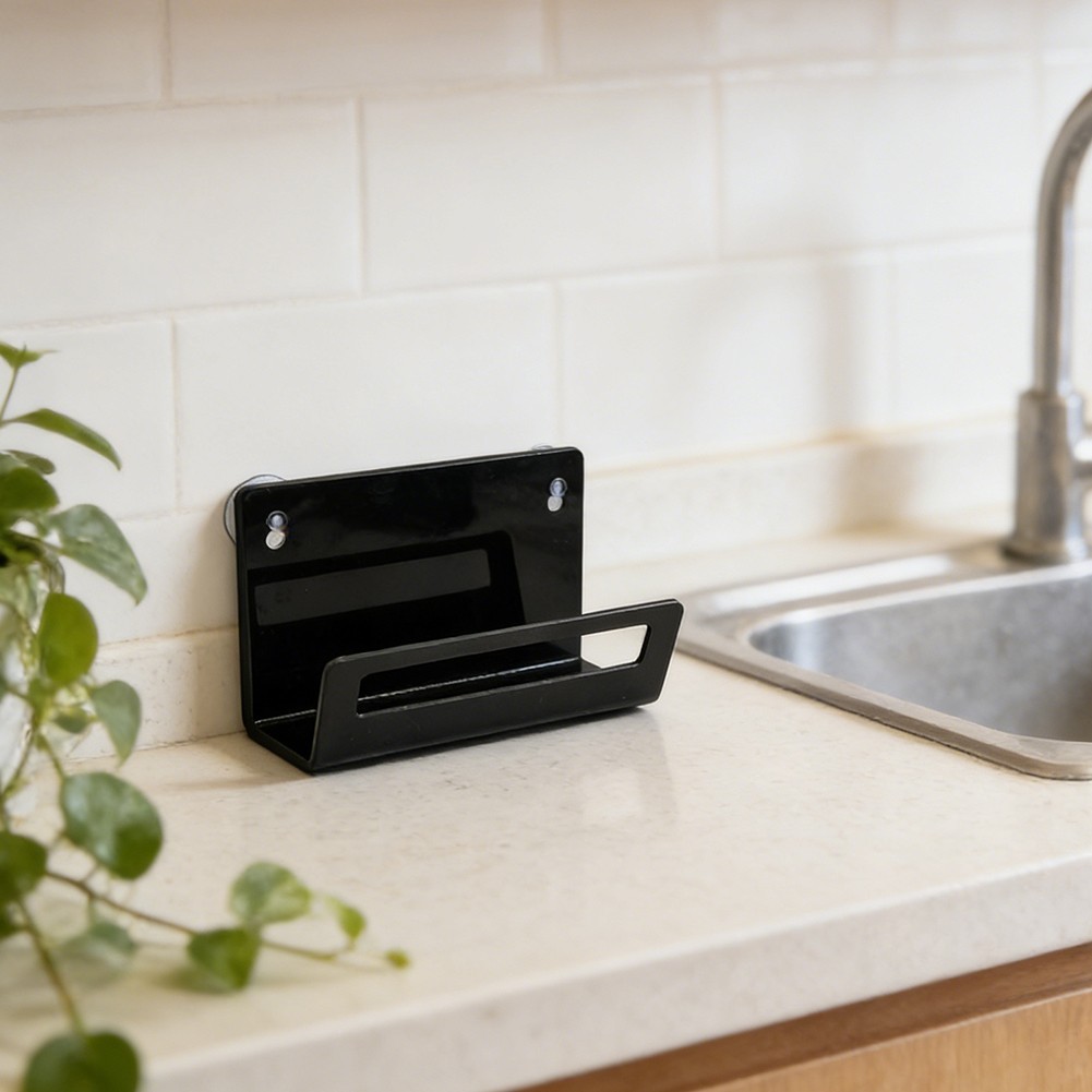 Modern Black Acrylic Sponge Holder Designed for Sink Overhang – Suction Mounted