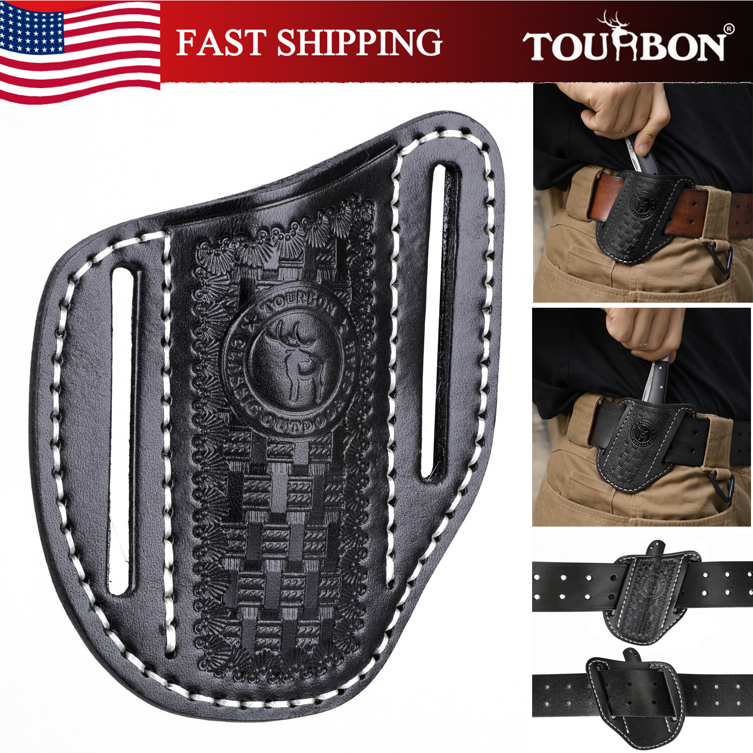 TOURBON Folding Pocket Knife Belt Holster Tool Carry Sheath Cover Gift Black US