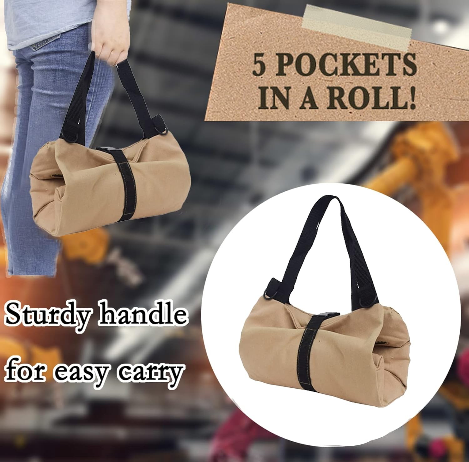 Multi-Purpose Tool Roll Up Bag Wrench Pouch Canvas Hanging Organizer w/ 5 Pocket