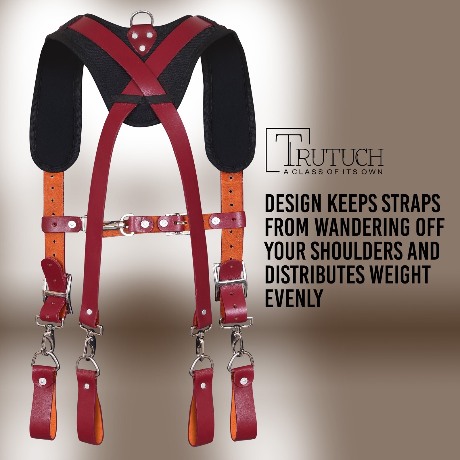 Trutuch Maroon Leather Tool Belt with Suspender | 18 Pockets | Framers Tool Belt