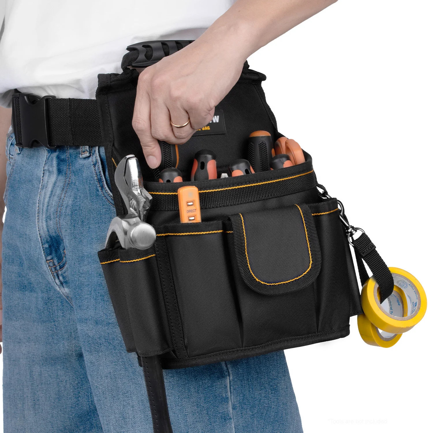 Tool Belt Pouch, Black Nylon with 18 Pockets, Black and Yellow, Storage for Elec